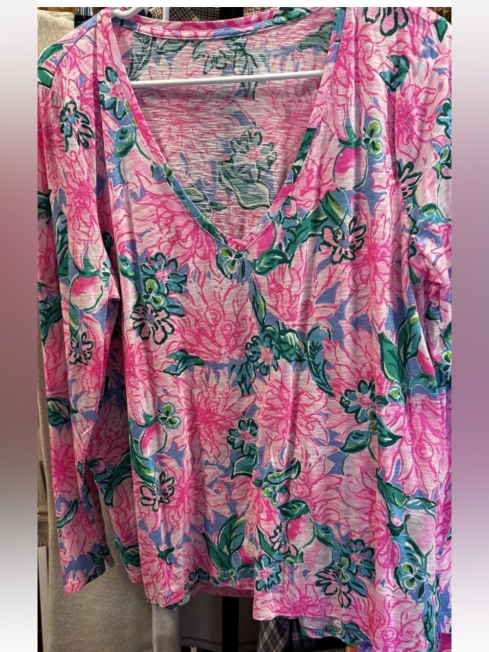 Women XL Lilly Pultizer VNeck Top Pink Blossom print Tropical Long Sleeve Boho